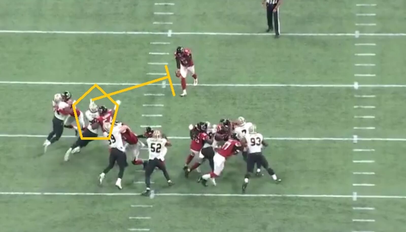 Falcons rookie Foye Oluokun was beaten by Saints linebacker Alex Okafor on the blocked punt.