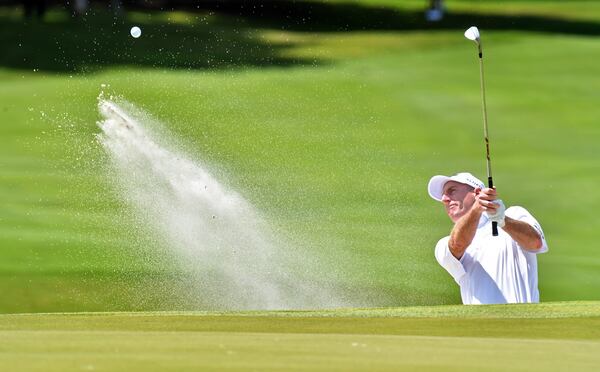 Jim Furyk plays a shot from a bunker on the 10th hole during the second round of the Mitsubishi Electric Classic at TPC Sugarloaf in 2021. (Hyosub Shin / Hyosub.Shin@ajc.com)