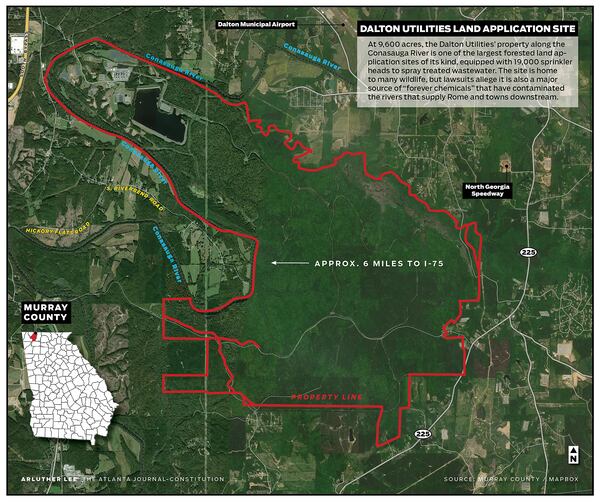 Dalton Utilities land application site in Murray County, in North Georgia near the Tennessee border. At 9,600 acres, the Dalton Utilities' property along the Conasauga River is one of the largest forested land application sites of its kind, equipped with 19,000 sprinkler heads to spray treated wastewater. The site is home to many wildlife, but lawsuits allege it is also a major source of "forever chemicals" that have contaminated the rivers that supply Rome and towns downstream.