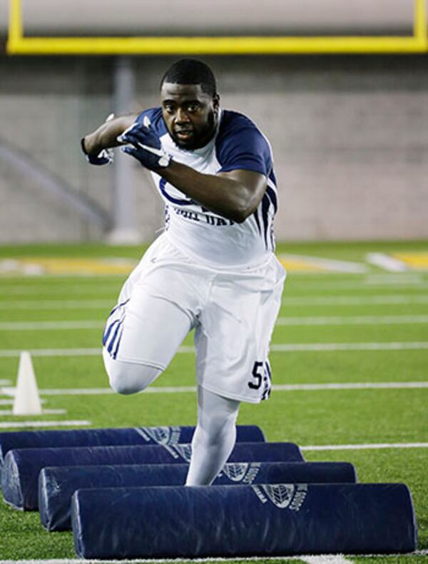 Quayshawn Nealy runs a football drill during NFL Pro Day at Georgia Tech Friday, March 13, 2015, in Atlanta. (AP Photo/David Goldman) Linebacker Quayshawn Nealy takes part in Pro Day at Georgia Tech. (AP)