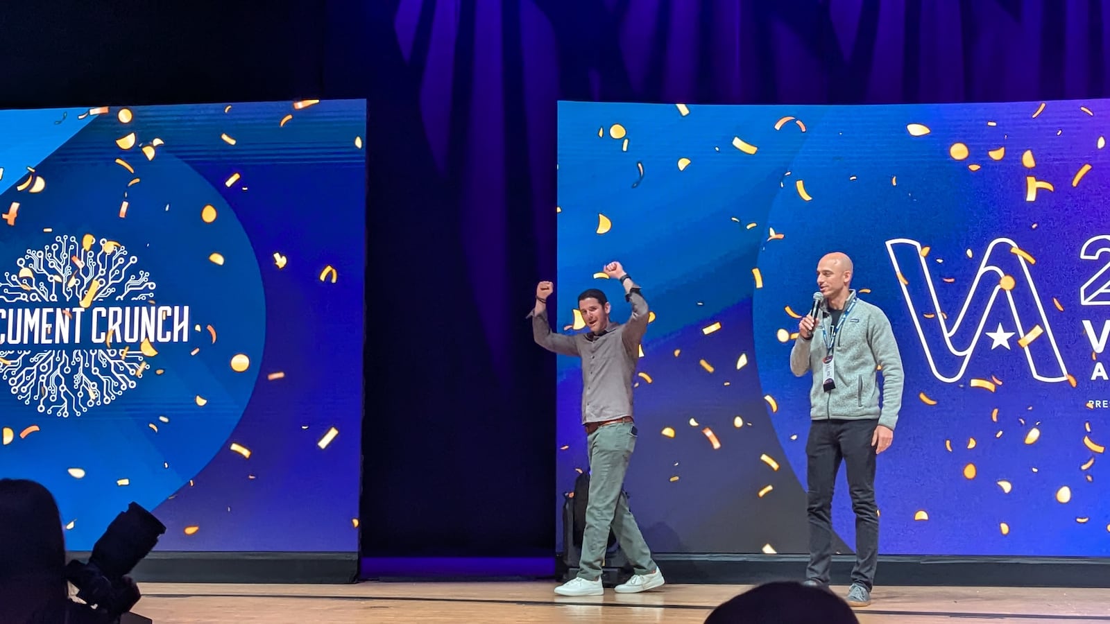 Josh Levy, CEO and co-founder of AI construction software startup Document Crunch, celebrates after his company was named the top growth stage company at Venture Atlanta, on Wednesday, October 9, 2024.