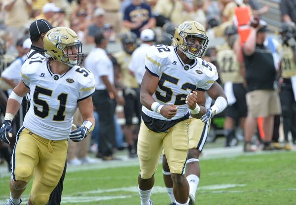 September 17, 2016 Atlanta - Georgia Tech Yellow Jackets linebacker Terrell Lewis (52) reacts after they shut down Vanderbilt Commodores quarterback Kyle Shurmur (14) in the second half at Bobby Dodd Stadium on Saturday, September 17, 2016. Georgia Tech Yellow Jackets won 38-7 over the Vanderbilt Commodores. HYOSUB SHIN / HSHIN@AJC.COM