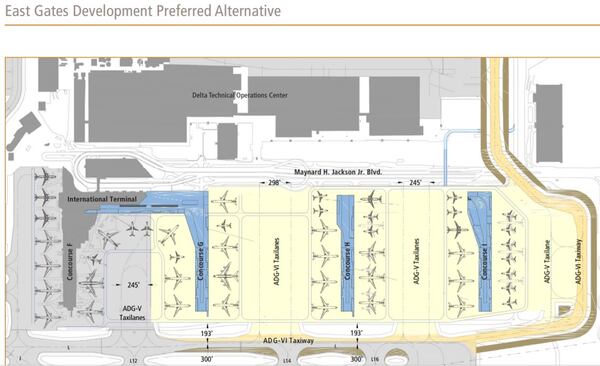 A blueprint showing the existing Concourse F and international terminal, along with plans for future Concourses G, H and I. Source: Hartsfield-Jackson master plan executive summary