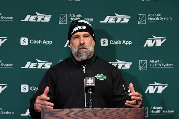 New York Jets head coach Jeff Ulbrich talks to the media following an NFL football game against the Buffalo Bills, Sunday, Dec. 29, 2024, in Orchard Park, N.Y. (AP Photo/Adrian Kraus)