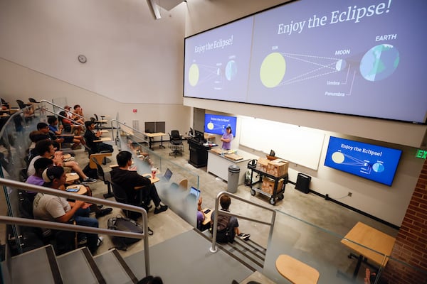 Georgia Tech Astronomy Club members gathered on Monday, April 1, 2024, to discuss and plan the trip to see the upcoming April 8 eclipse. They went through a presentation to learn ways to watch the eclipse safely. (Miguel Martinez /miguel.martinezjimenez@ajc.com)