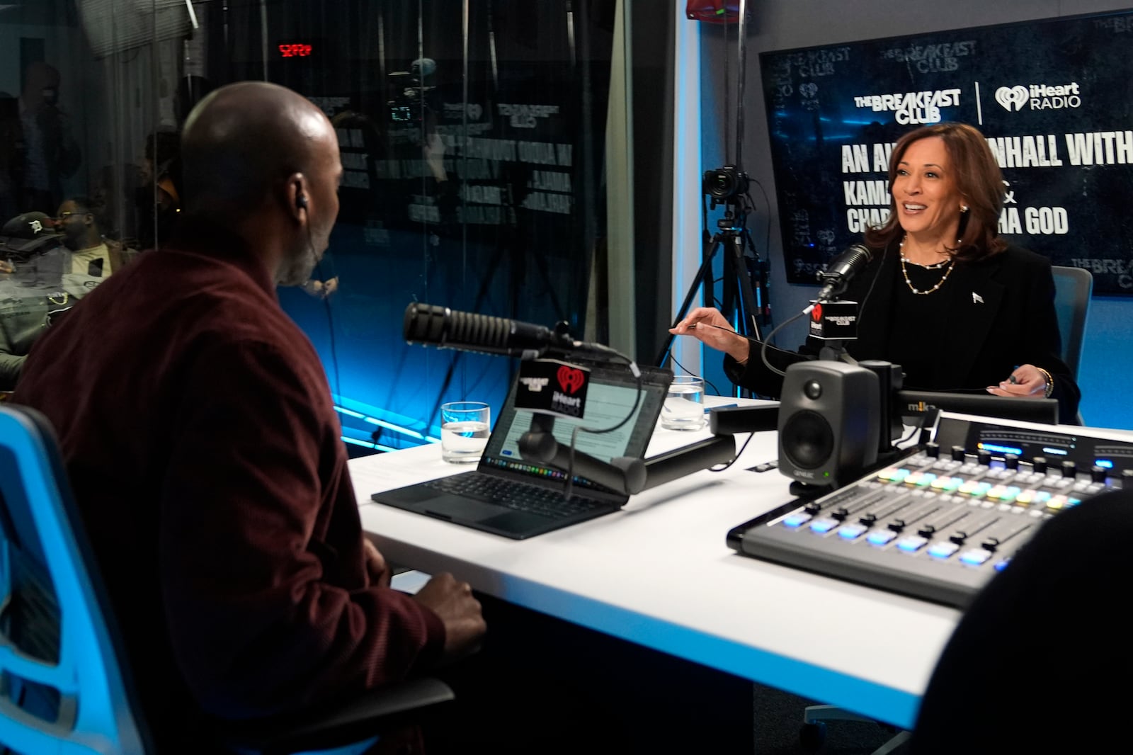 Democratic presidential nominee Vice President Kamala Harris participates in an interview with Charlamagne Tha God, co-host of iHeartMedia's morning show The Breakfast Club, in Detroit on Tuesday, Oct. 15, 2024. (Jacquelyn Martin/AP)