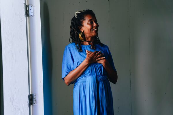 Artist, activist, and founder of The New Freedom Project, Charmaine Minniefield, shares the emotionally resonant narrative behind her second "Praise House," under construction at Emory University's campus. This initiative aims to foster reflection on the historical significance of worship spaces used by enslaved and newly freed people in the American South. Today marks her first visit to the space before it opens to the public in several weeks— Atlanta, Ga, Mon, Oct 2, 2023. (Photo by Olivia Bowdoin for the AJC).