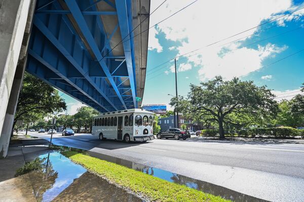 The Earl T. Shinhoster Bridge, part of the Interstate 16 flyover. The City of Savannah received $1.8 million in federal funding through the Reconnecting Communities and Neighborhoods Grant program to plan for the removal of the flyover, which would reconnect historically Black neighborhoods on the westside of the city to downtown. (Photo by Sarah Peacock for The Atlanta Journal Constitution) 