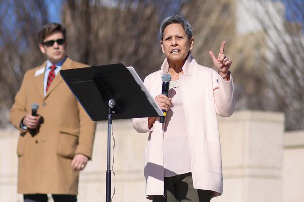 A  trio of legislators met recently with state Rep. Charlice Byrd (right) to discuss stepping down from the far-right Georgia Freedom Caucus.   (Jason Getz/The Atlanta Journal-Constitution)
