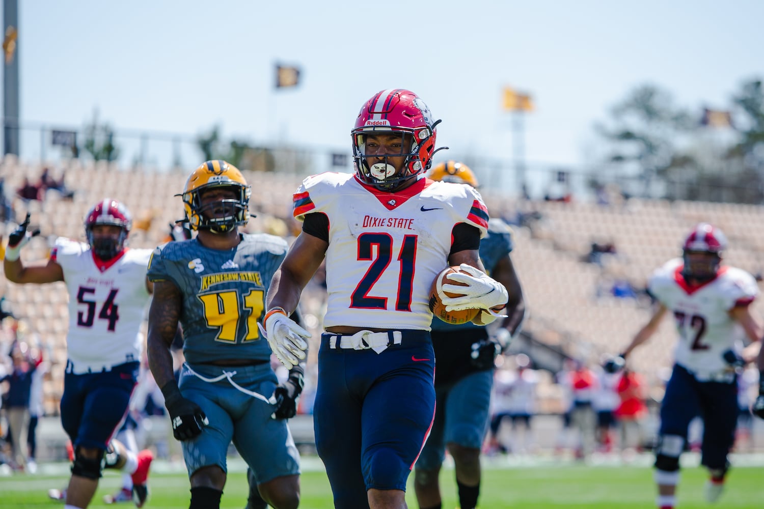 Quali Conley of Dixie State scores a touchdown. CHRISTINA MATACOTTA FOR THE ATLANTA JOURNAL-CONSTITUTION.