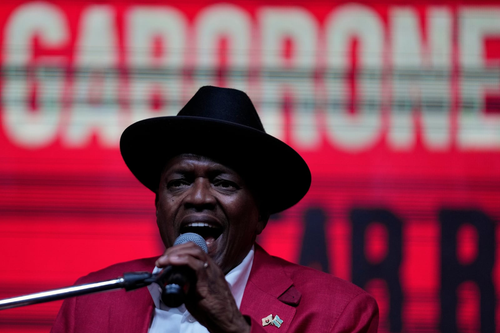 Botswana Democratic Party president Mokgweetsi Masisi speaks during his election rally, a day before elections in Gaborone, Botswana, Tuesday, Oct. 29, 2024. (AP Photo/Themba Hadebe)