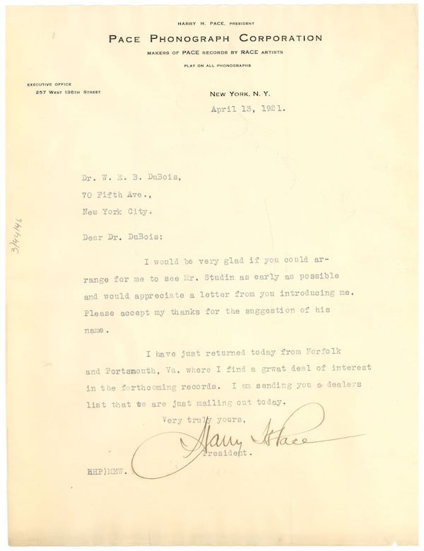 Letter from Harry H. Pace to W. E. B. Du Bois, April 13, 1921. W. E. B. Du Bois Papers (MS 312). Special Collections and University Archives, University of Massachusetts Amherst Libraries