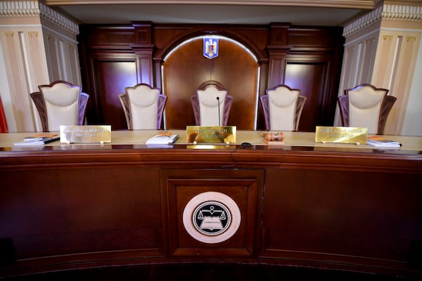 A gavel sits on the judges' table at the Constitutional Court in Bucharest, Romania, Thursday, Nov. 28, 2024. (AP Photo/Andreea Alexandru)