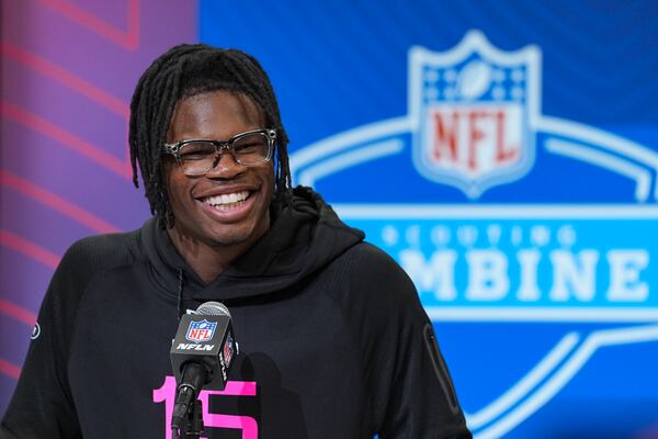 Colorado defensive back Travis Hunter speaks during a press conference at the NFL football scouting combine in Indianapolis, Thursday, Feb. 27, 2025. (AP Photo/Michael Conroy)