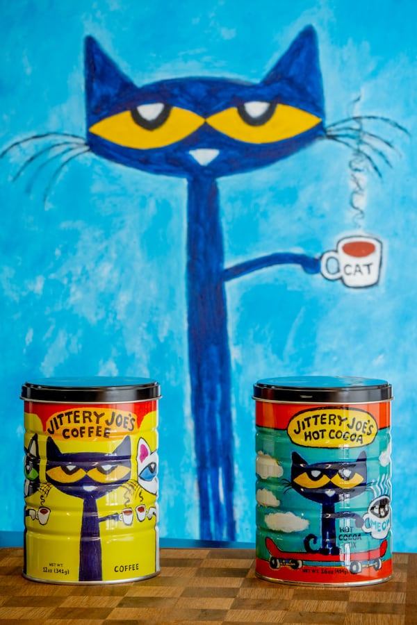 The children’s cartoon character Pete the Cat is coming aboard to help Jittery Joe’s with its coffee and hot cocoa mix. (Courtesy of Mark Babcock/Jittery Joe's)