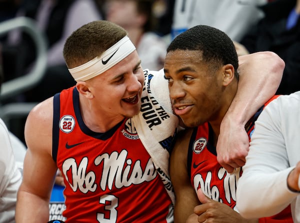 Mississippi guard Sean Pedulla (3) reacts with teammate Mississippi guard Matthew Murrell (11) against Iowa State during the second half in the second round of the NCAA college basketball tournament Sunday, March 23, 2025, in Milwaukee. (AP Photo/Jeffrey Phelps)