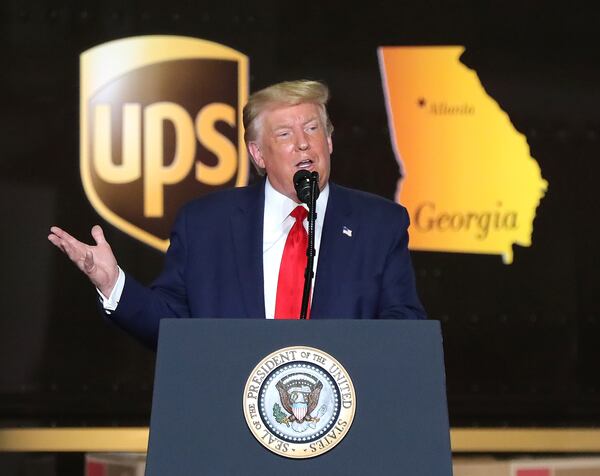 President Donald Trump speaks Wednesday at the UPS Hapeville hub at Hartsfield-Jackson International Airport. Curtis Compton ccompton@ajc.com