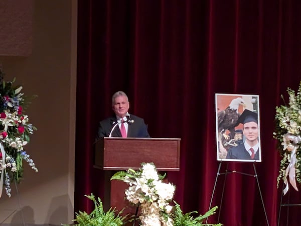 U.S. Rep. Buddy Carter (R-St. Simons Island) speaks at a memorial service for Sam Lilley at Georgia Southern University's Armstrong campus in Savannah, Georgia on Saturday, Feb. 15, 2025. Lilley, an airline pilot, was killed in a midair collision with a U.S. Army helicopter in Washington on Jan. 29. (Jim Halley for the AJC)