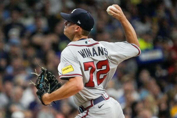 Atlanta Braves starting pitcher Allan Winans throws during the first inning of a baseball game against the Milwaukee Brewers Saturday, July 22, 2023, in Milwaukee. (AP Photo/Morry Gash)