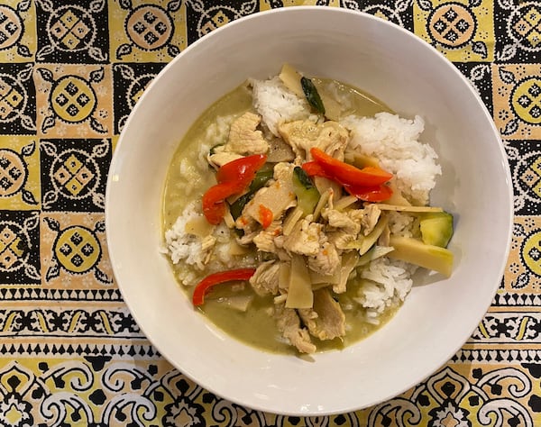 Gaeng keow wan from Banana Leaf features a bevy of vegetables and a choice of protein (pictured is chicken) in green curry over a bed of jasmine rice. Ligaya Figueras/ligaya.figueras@ajc.com
