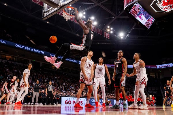 Georgia center Somto Cyril says hello to the rim during the Bulldogs' win on Tuesday night at South Carolina.