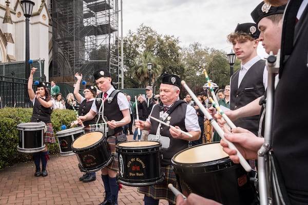 Members of the City of Limerick Pipe Band perform outside of the Cathedral of St. John the Baptist in Savannah, GA on March 9, 2025.(Justin Taylor/The Atlanta Journal-Constitution)