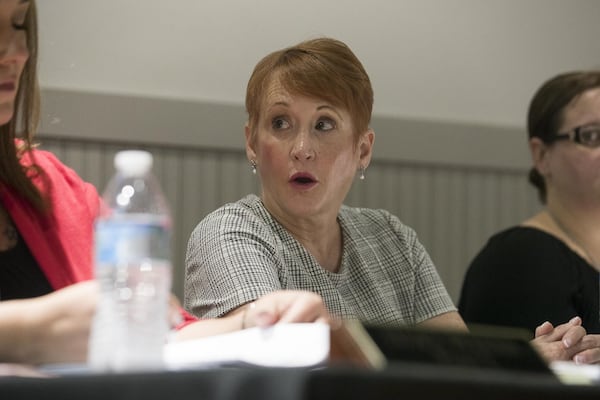 Hoschton City Councilwoman Susan Powers during a City Council meeting at the Hoschton Historic Train Depot in Hoschton on Monday, May 6, 2019. 