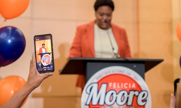 Atlanta mayoral candidate Felicia Moore addresses supporters on election night. (Daniel Varnado/ For the Atlanta Journal-Constitution)