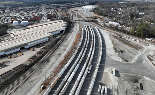 Aerial photograph shows Tilford Yard where Edged Atlanta’s Tilford Yard location will be located, Friday, December 5, 2024, in Atlanta. Edged Atlanta at Tilford Yard: 1968 Marietta St. NW, Atlanta. Last September, the Development Authority of Fulton County approved $32 million in tax savings for a data center project at Tilford Yard in Atlanta. (Hyosub Shin / Hyosub.Shin@ajc.com)