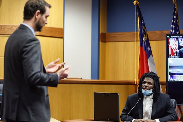 Prosecutor Chris Sperry cross examines Jayden Myrick during the trial over the fatal shooting of Christian Broder. (Natrice Miller/natrice.miller@ajc.com)  