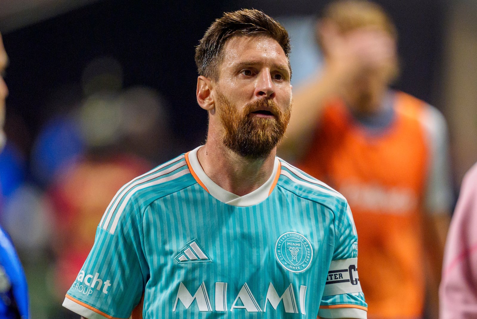 Inter Miami forward Lionel Messi (10) walks off the field after stoppage time in the second half of an MLS soccer match against Atlanta United, Saturday, Nov. 2, 2024, in Atlanta. (AP Photo/Jason Allen)