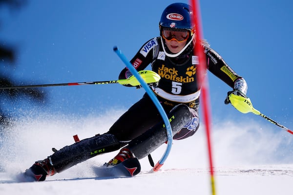 FILE - Mikaela Shiffrin from United States speeds down the course during the women's slalom of the Alpine skiing World Cup finals in Lenzerheide, Switzerland, Saturday, March 16, 2013. (AP Photo/Shinichiro Tanaka, File)