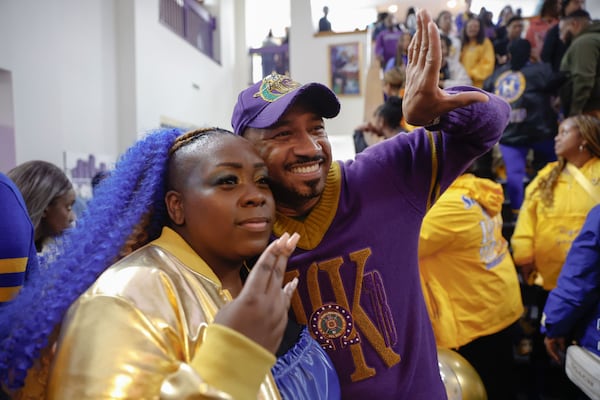 Amaris Johnson poses for a photo with Morris Brown College President Kevin James after becoming the newest member of the Beta Lambda chapter of Sigma Gamma Rho Sorority Inc. on Friday, March 22, 2024. The sorority will be the first on campus in more than 20 years. (Natrice Miller/ Natrice.miller@ajc.com)