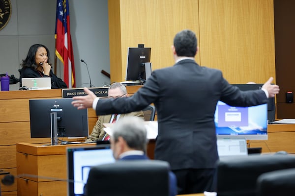 Fulton Superior Judge Shukura L. Ingram listens to attorney Josh Belinfante of the Robbins Firm during arguments over whether a state Senate Committee investigating Fulton County District Attorney Fani Willis can force her to testify on Tuesday, December 3, 2024, in Atlanta.
(Miguel Martinez / AJC)