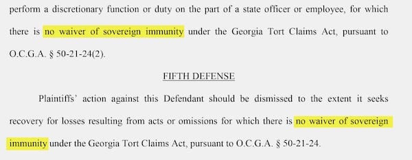 The Georgia Department of Public Safety cited sovereign immunity several times while outlining its defense in the lawsuit brought on by Jimmy Shackelford. (Clerk of Superior Court Baldwin County)