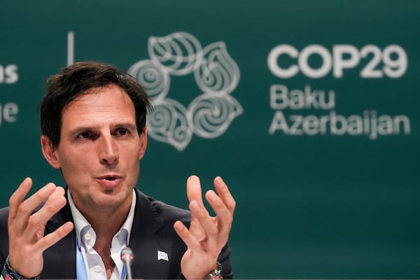 Wopke Hoekstra, EU climate commissioner speaks during a news conference at the COP29 U.N. Climate Summit, Wednesday, Nov. 20, 2024, in Baku, Azerbaijan. (AP Photo/Rafiq Maqbool)