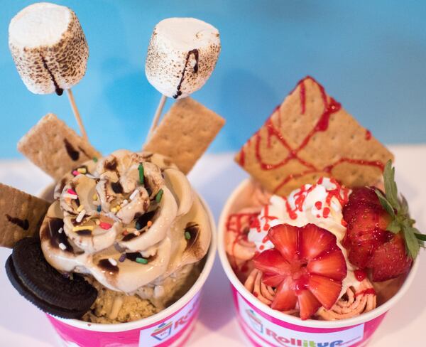 On the left, coffee ice cream made with liquid nitrogen, and on the right, strawberry and graham cracker rolled ice cream. CONTRIBUTED BY HENRI HOLLIS