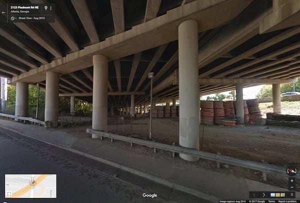 AUGUST 2016: This image from Google Maps Street View shows the underneath of I-85 where the interstate passes over Piedmont Road, looking to the northeast. (Google Maps Street View)