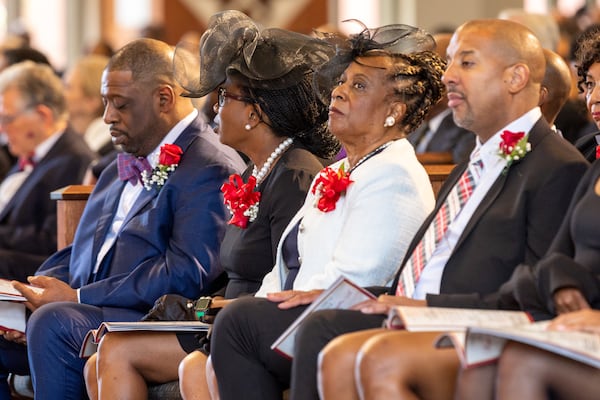 Family members of Marvin Arrington Sr., former superior court judge and Atlanta City Council president, are seen at Arrington Sr.’s funeral services at Ebenezer Baptist Church in Atlanta on Friday, July 28, 2023. (Arvin Temkar / arvin.temkar@ajc.com)