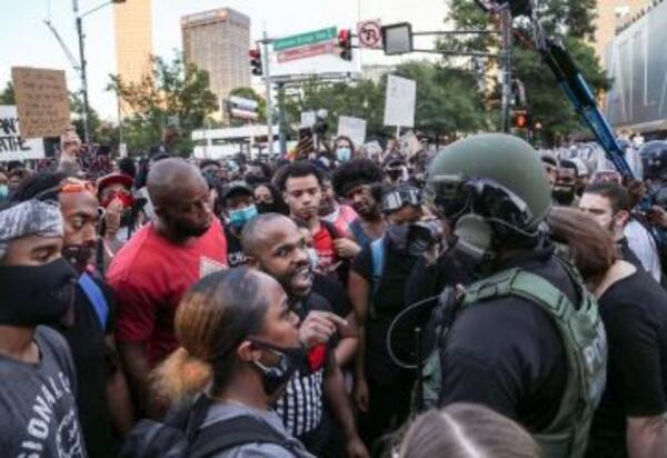 Tensions escalated at times Monday during protests in Atlanta.