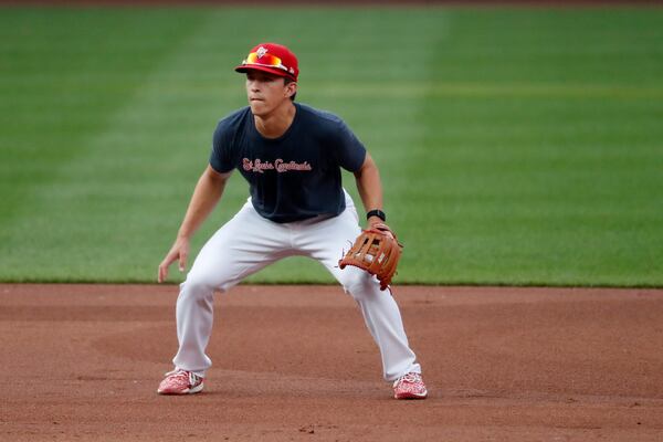 St. Louis Cardinals infielder Tommy Edman takes up his position during baseball practice at Busch Stadium Tuesday, July 7, 2020, in St. Louis. (AP Photo/Jeff Roberson)