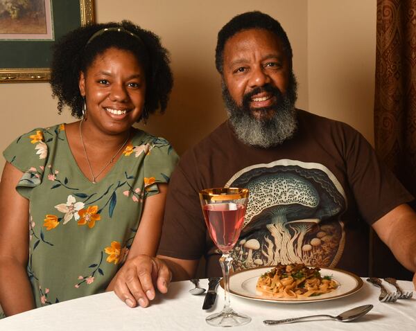 Shannon Williams of Noble Fungi Farm is with his daughter Rena Williams, who created Vegan Rainbow Mushroom Stroganoff. (Styling by Rena Williams / Chris Hunt for the AJC) 