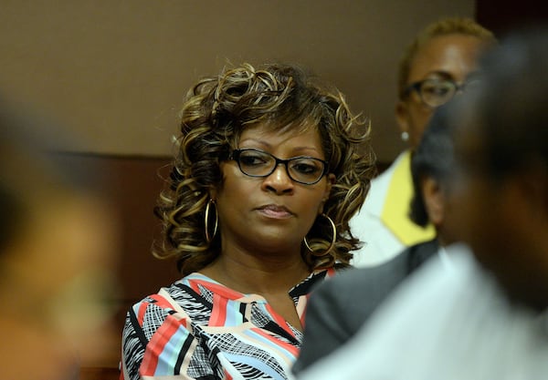 Former APS Dobbs Elementary teacher Angela Williamson sits in court before sentencing starts in the test-cheating case, in September 2015. KENT D. JOHNSON /KDJOHNSON@AJC.COM