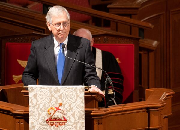 Senate Minority Leader Mitch McConnell, delivering a eulogy of the late U.S. Sen. Johnny Isakson, called him a gentleman who “treated everybody with respect and unfailing kindness.” Ben Gray for the Atlanta Journal-Constitution