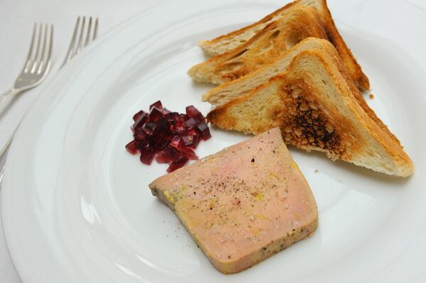 150109-ATLANTA-GA- Dine review of Le Bilboquet in Buckhead on Friday January 9, 2015. FOOD: Le Terrine de Foie Gras Maison- Homemade duck liver terrine. (Beckysteinphotography.com) Foie gras terrine