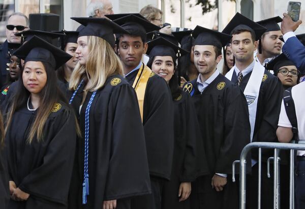 Graduates’ faces display a variety of emotions as they enter the quad during the processional. Claire E. Sterk, Emory’s 20th president, presided over Emory University’s 174th Commencement exercises on May 13, 2019. Civil rights activist and former ambassador and Atlanta Mayor Andrew Young delivered the keynote address. 