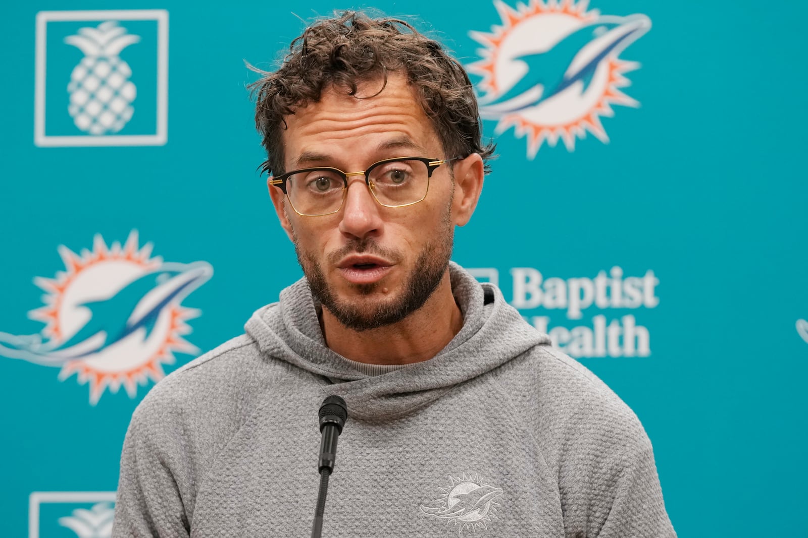 Miami Dolphins head coach Mike McDaniel speaks during a news conference at the team's training facility, Wednesday, Oct. 23, 2024, in Miami Gardens, Fla. (AP Photo/Marta Lavandier)