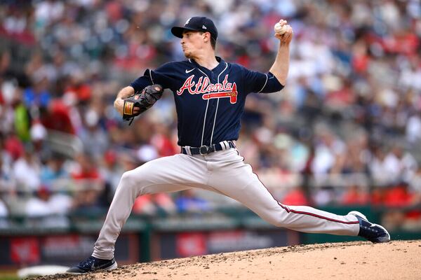 Atlanta Braves starting pitcher Max Fried (54) in action during a baseball game against the Washington Nationals, Saturday, July 16, 2022, in Washington. (AP Photo/Nick Wass)