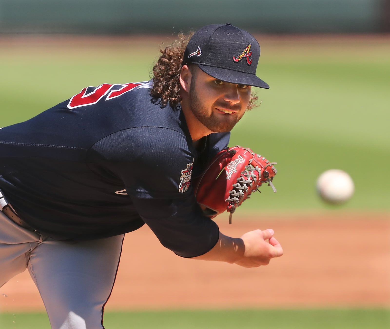 Braves pitcher Bryse Wilson delivers against the Pittsburgh Pirates during the first inning of a MLB spring training baseball game at LECOM Park on Thursday, March 4, 2021, in Bradenton, Fla. (Curtis Compton / Curtis.Compton@ajc.com)