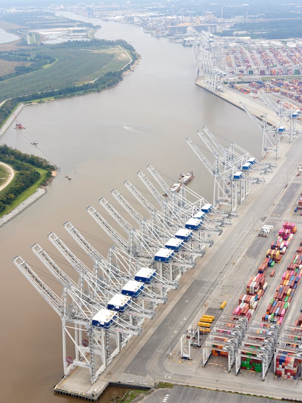 The Port of Georgia, along the Savannah River, on the first day of the International Longshoremen’s Association protest on Tuesday, Oct. 1, 2024. (Adam Kuehl/New York Times)
                      